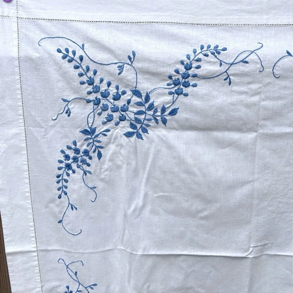 Vintage Hand Embroidered Blue Floral Vine White  Square Tablecloth Hemstitch